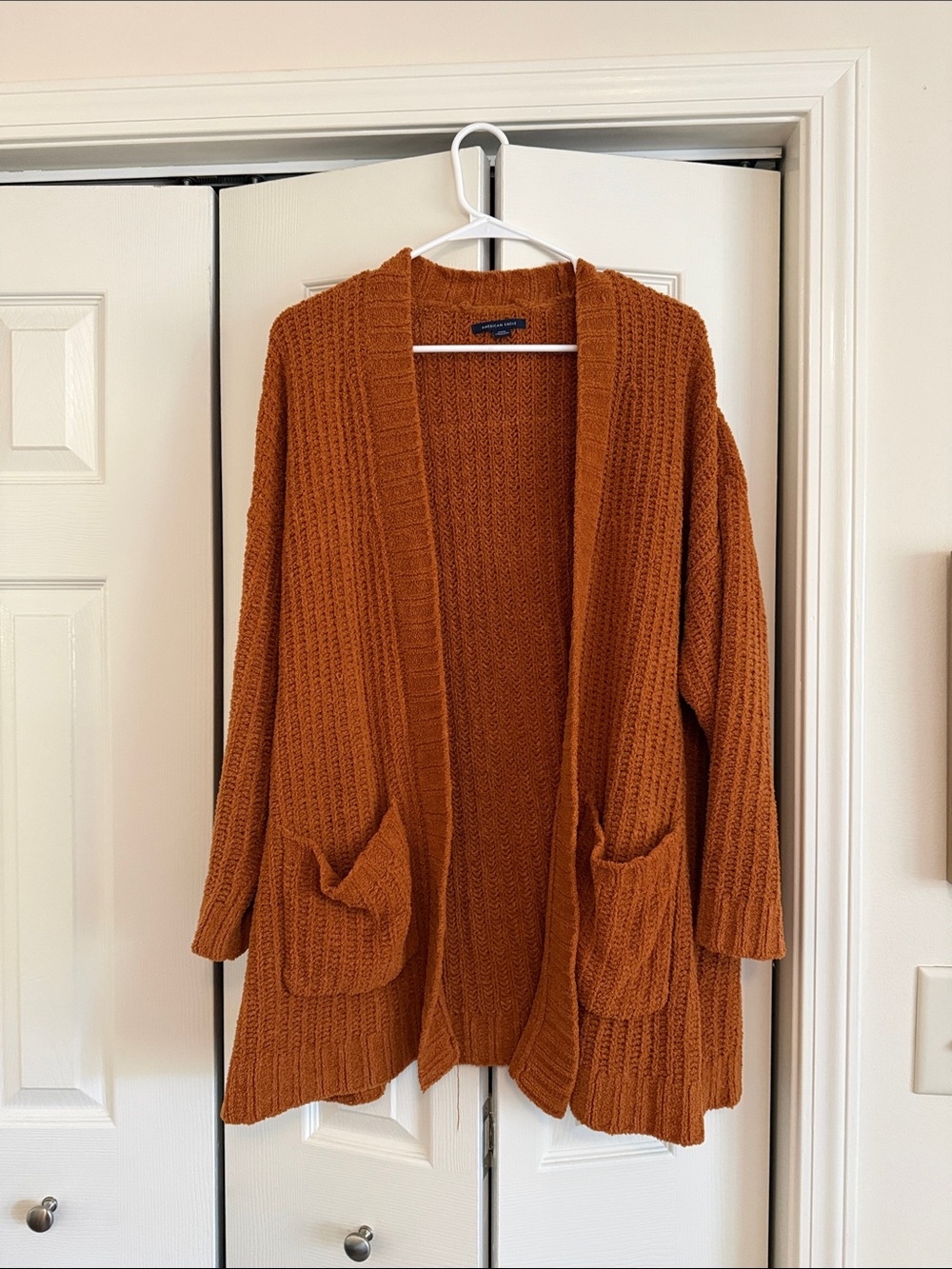 American Eagle Outfitters Open-Front Chunky Knit Cardigan - Rust Orange